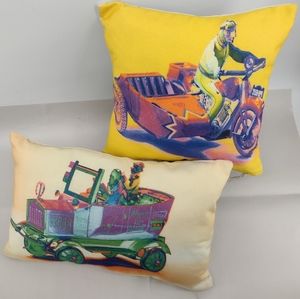 2 HAND PAINTED, SIGNED NOSTALGIC PILLOWS w/ REMOVABLE SHAMS